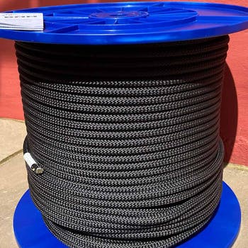 DMM Worksafe rope, black on a blue plastic reel