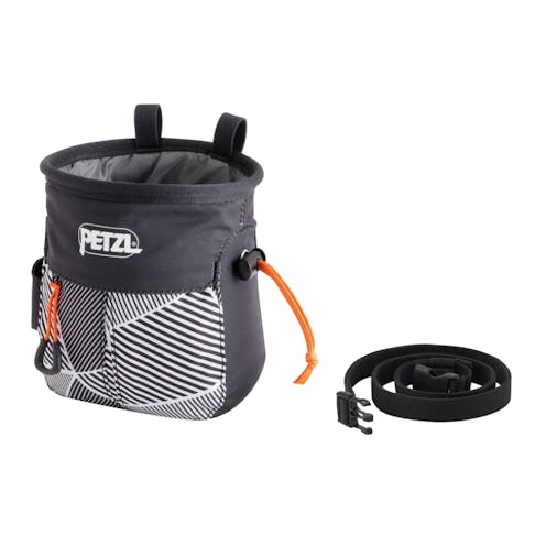 Petzl Sakepoche chalk bag in black dazzle. Black top half with white bottom with diagonal black stripes. Orange thread and black waist strap.