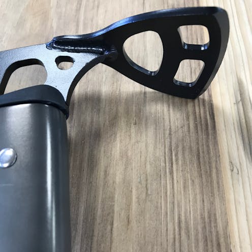 DMM Spire Tech Ice Axe, bottom-up perspective of the adze region of the axe head.