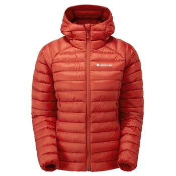 A photo showing the front view of the Montane Women's Anti-freeze Hooded Jacket with the hood down.