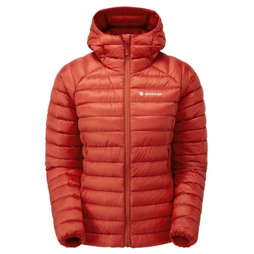 A photo showing the front view of the Montane Women's Anti-freeze Hooded Jacket with the hood down.