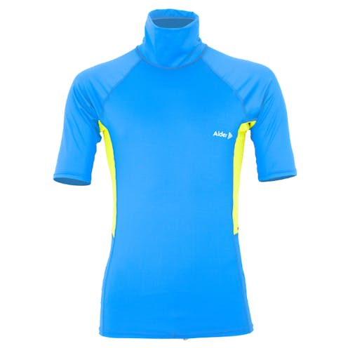 Mens Rash Vest Front Image. Blue with daffodil-yellow lateral sections.