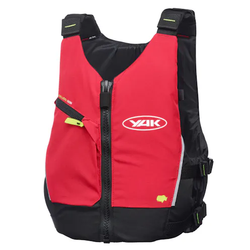 Red and black junior Yak Kallista zip buoyancy aid. Front image.