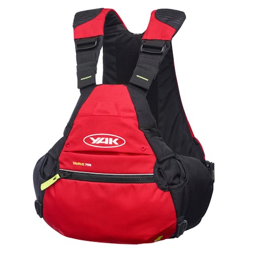 Red and black Yak Taurus 70N personal floatation device. Front image.