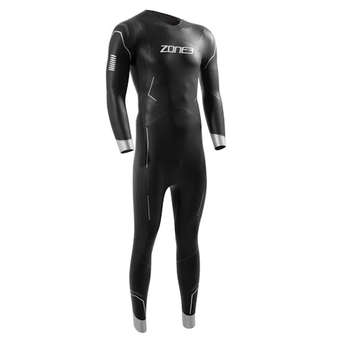 Men's Agile Wetsuit. Colour: Black with grey detailing. Full Front Image.