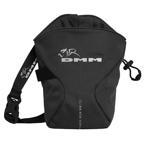 DMM traction Chalk Bag. Colour: Black with grey detailing and DMM brand logo. Front facing image showing front of chalk bag with strap and clip in shot.