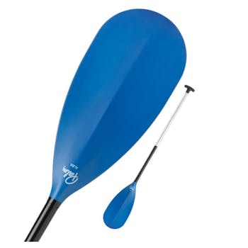 The Palm Alba Canoe Paddle in cobalt. The left is a close up view of the paddle while the right features the full paddle.