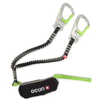 The Ocun Via Verrata Captur - the carabiners are metallic with green gates. The elastic lines are black and grey, with a black shock absorber. The Ocun logo is on the shock absorber.