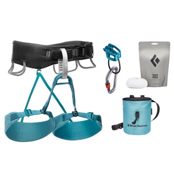 The Black Diamond Momentum Women's Harness Package shown in Aqua Verde with all consituent products laid out.