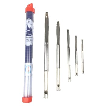 A photo of five selma splicing fids. The case containing the fids is navy, red, and white. on the right side of the photo, the five fids are in descending order of size from left to right.